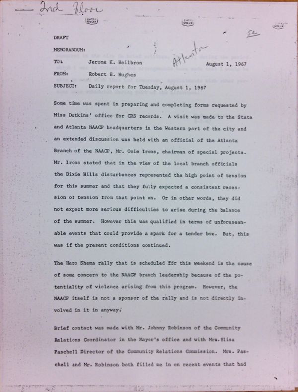 First page of Daily report memo from Robert Hughes to Jerome Heilbron (August 1)