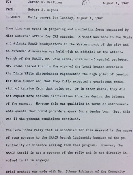Daily report memo from Robert Hughes to Jerome Heilbron (August 1)
