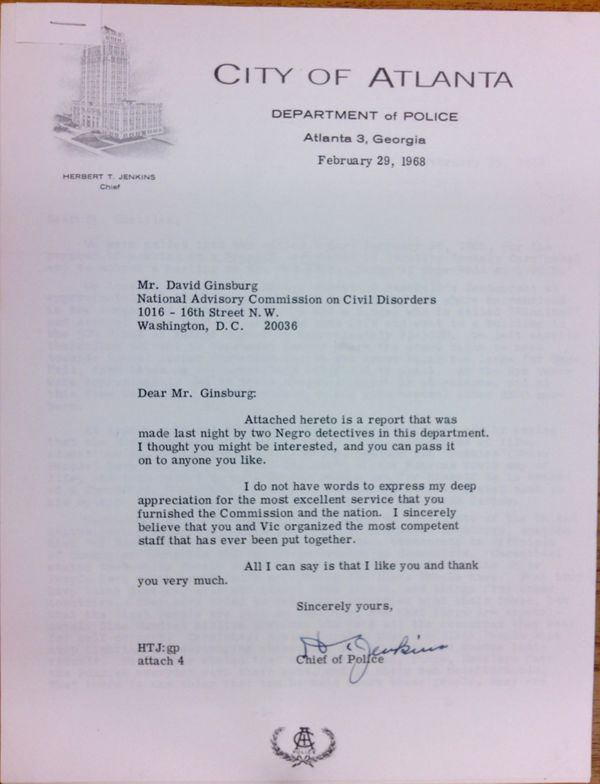 First page of Letter from Herbert Jenkins to David Ginsburg with report by Atlanta police officers Early and Graham (February 29)