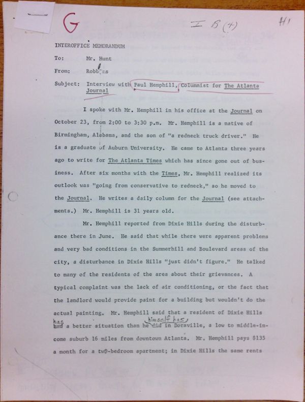 First page of Memo to Isaac Hunt from (Eleanor?) Robbins regarding an interview with Paul Hemphill - with handwritten notes