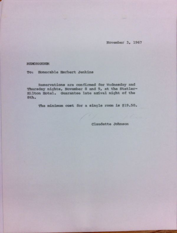 First page of Memo from Claudette Johnson to Herbert Jenkins (November 3)