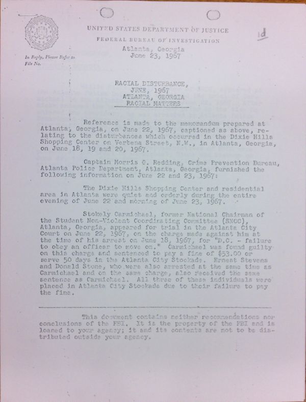 First page of FBI Report: Racial Disturbance, June, 1967 Atlanta, Georgia Racial Matters (June 23)
