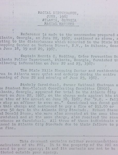 FBI Report: Racial Disturbance, June, 1967 Atlanta, Georgia Racial Matters (June 23)