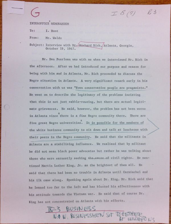 First page of Memo to Isaac Hunt from Everett Waldo regarding an interview with Richard Rich - with handwritten notes