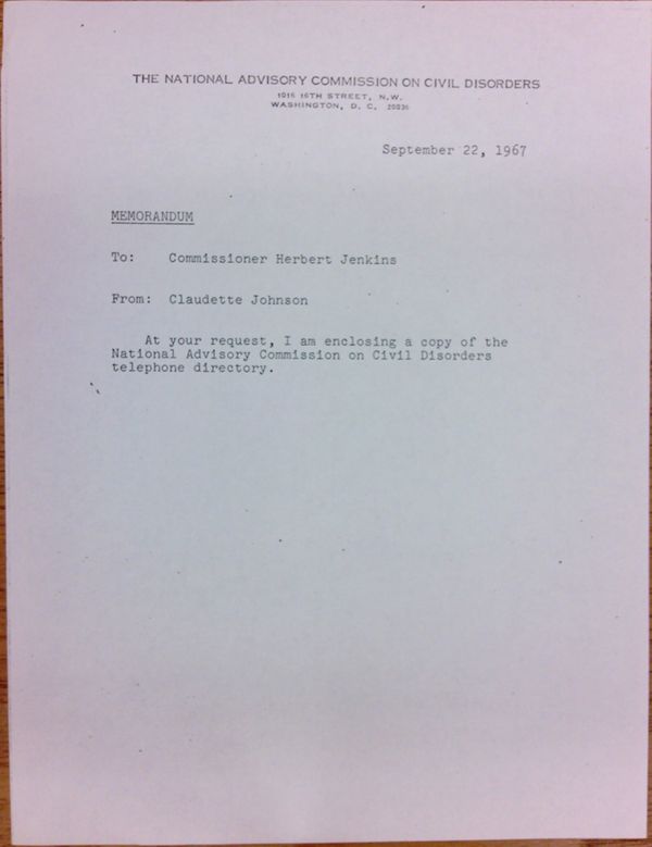 First page of Memo from Claudette Johnson to Herbert Jenkins (September 22)