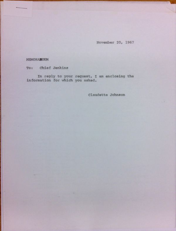 First page of Memo from Claudette Johnson to Herbert Jenkins with attached "Statement by a Spokesman for the Department of Justice"