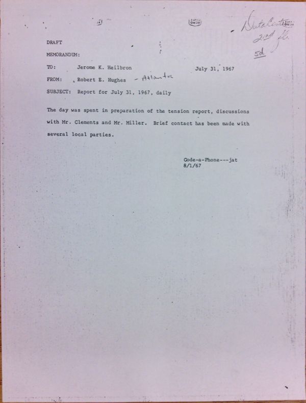 First page of Daily report memo from Robert Hughes to Jerome Heilbron (July 31)