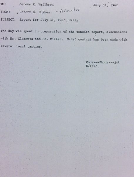 Daily report memo from Robert Hughes to Jerome Heilbron (July 31)