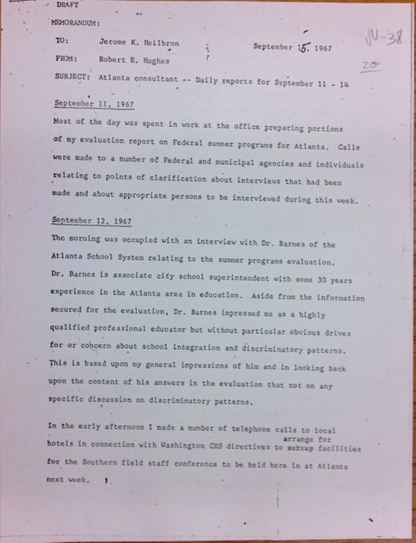 First page of Daily report memo from Robert Hughes to Jerome Heilbron (September 15)