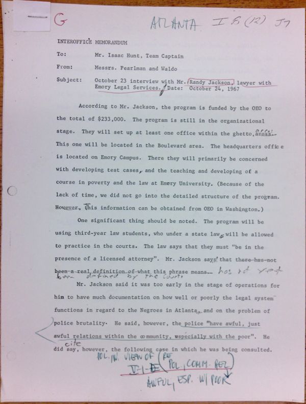 First page of Memo to Isaac Hunt from Daniel Pearlman and Everett Waldo regarding an interview with Randy Jackson - with handwritten notes