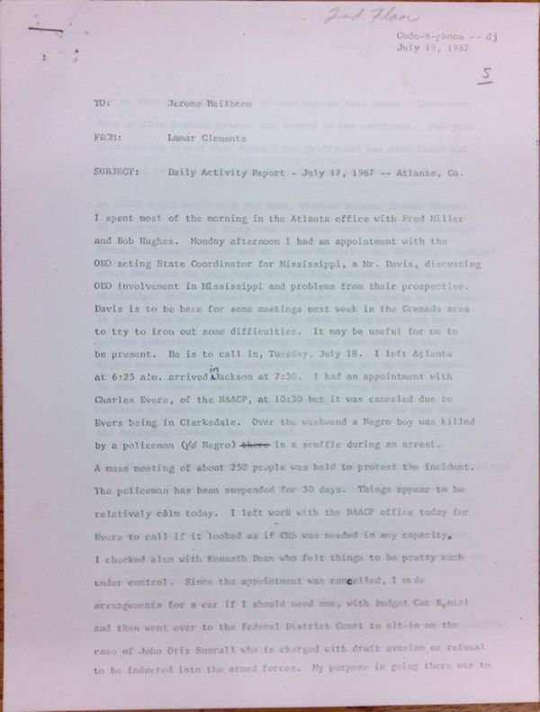First page of Daily report memo from Lamar Clements to Jerome Heilbron (July 17) - with handwritten edits
