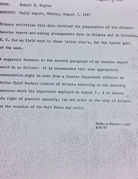 Daily report memo from Robert Hughes to Jerome Heilbron (August 7)