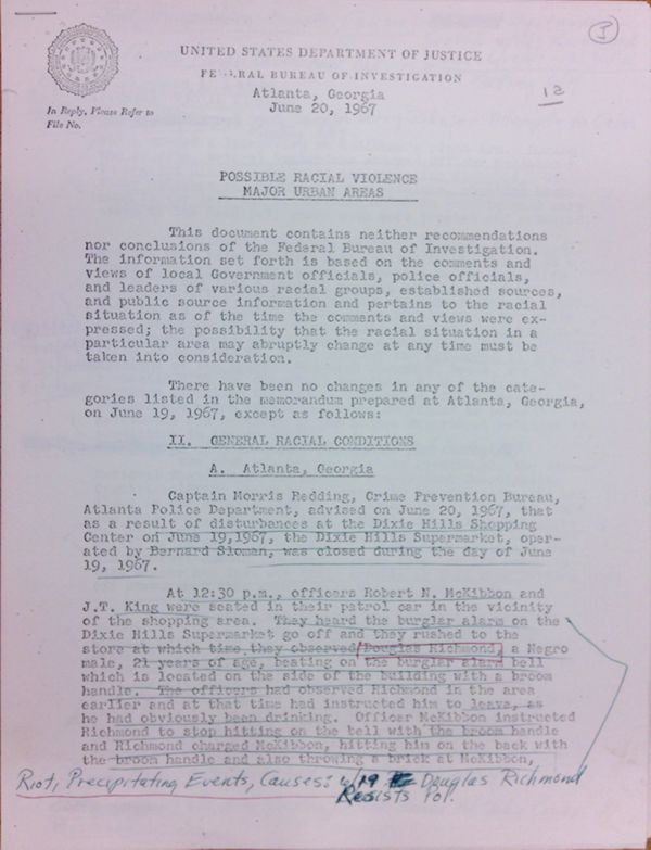 First page of FBI Report: Possible Racial Violence Major Urban Areas (June 20) - with handwritten notes