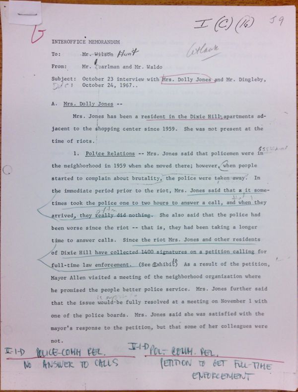 First page of Memo to Isaac Hunt from Daniel Pearlman and Everett Waldo regarding an interview with Dolly Jones and Mr. Dingleby - with handwritten notes