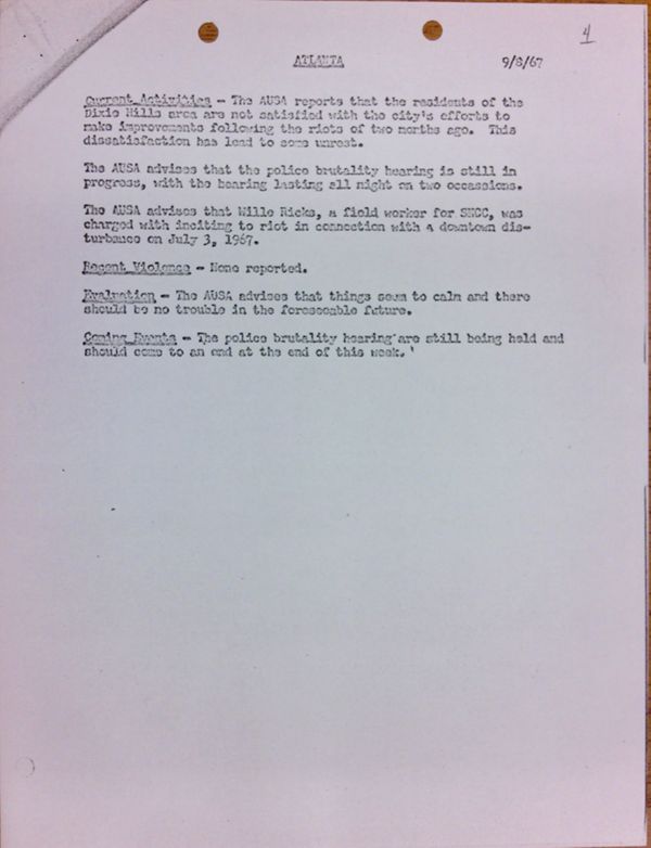 First page of Atlanta report of activities (September 8)