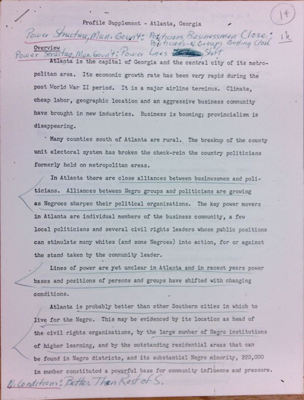 First page of Profile Supplement - Atlanta, Georgia - with handwritten notes