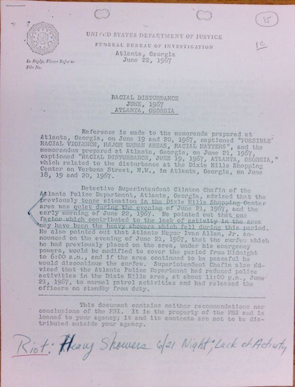 First page of FBI Report: Racial Disturbance June, 1967 Atlanta, Georgia (June 22) - with handwritten notes