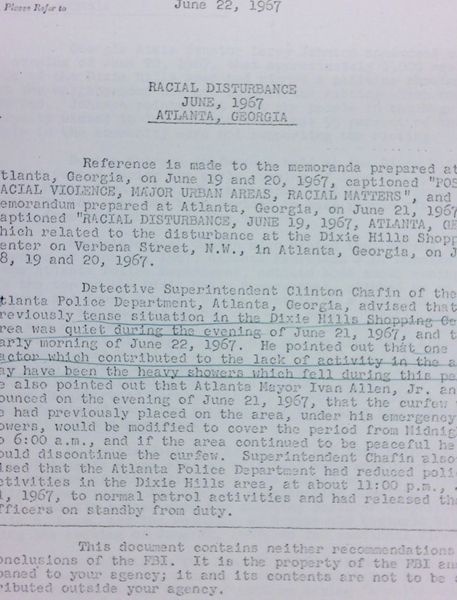 FBI Report: Racial Disturbance June, 1967 Atlanta, Georgia (June 22) - with handwritten notes
