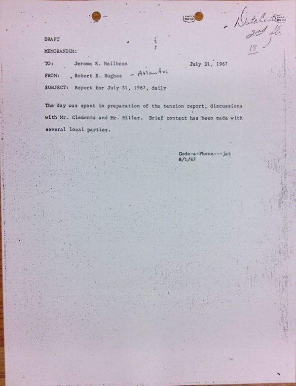 First page of Daily report memo from Robert Hughes to Jerome Heilbron (July 31)