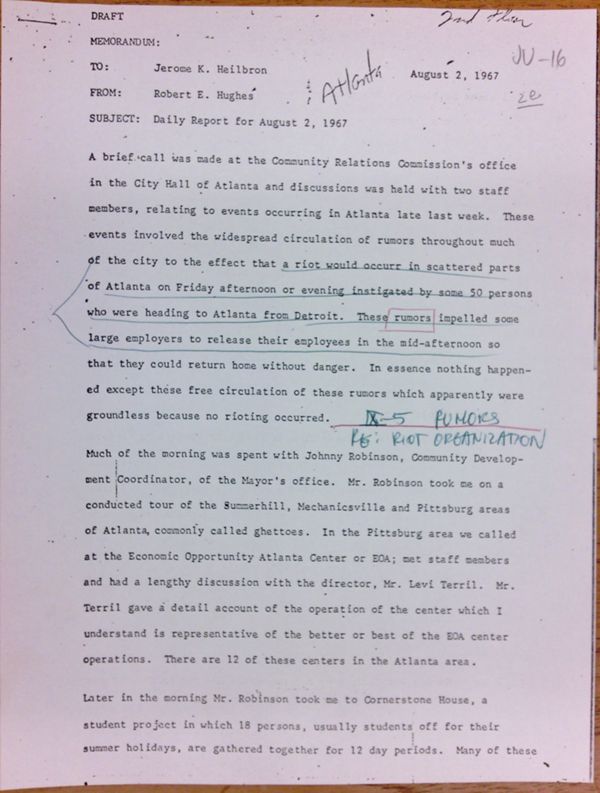First page of Daily report memo from Robert Hughes to Jerome Heilbron (August 2) - with handwritten notes