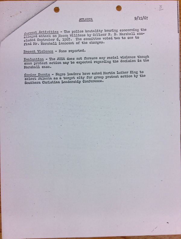First page of Atlanta report of activities (September 15)