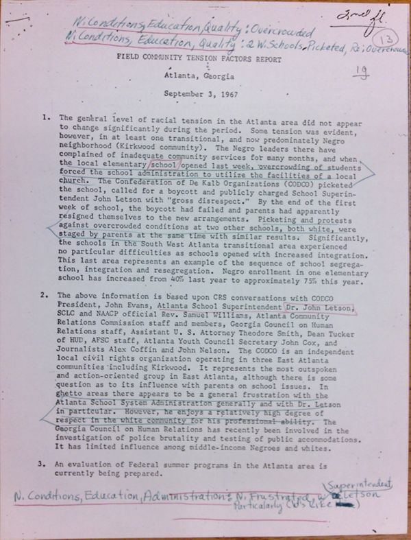 First page of Field Community Tension Factors Report Atlanta, Georgia (September 3) - with handwritten notes