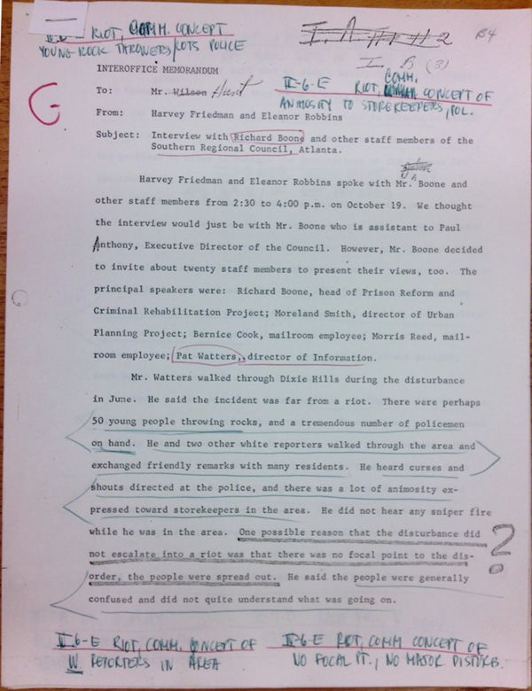 First page of Memo to Isaac Hunt from Harvey Friedman and Eleanor Robbins about an interview with Richard Boone - with handwritten notes
