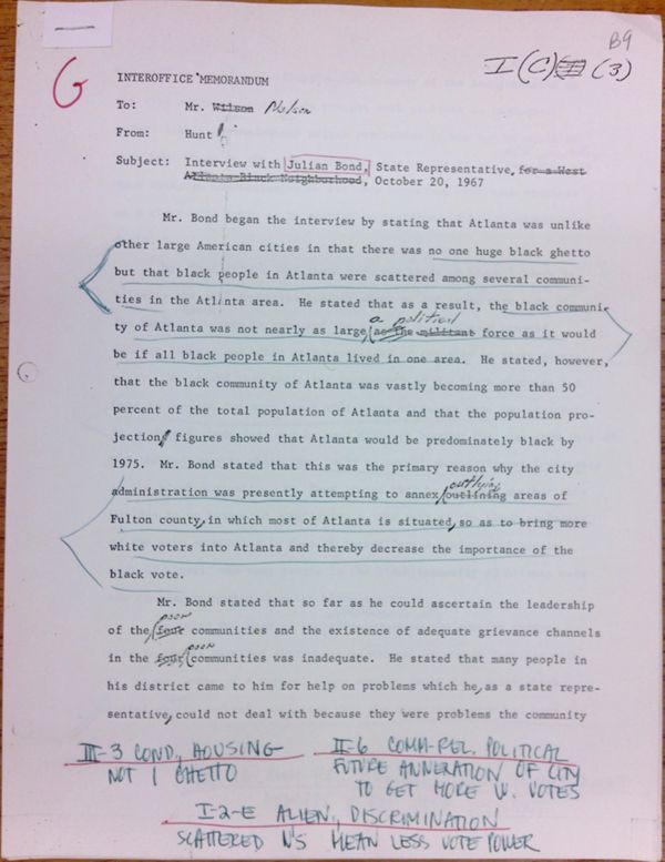 First page of Memo to Mr. Nelson from Isaac Hunt regarding an interview with Julian Bond - with handwritten notes