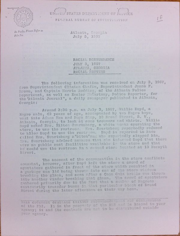 First page of FBI Report: Racial Disturbance July 3, 1967 Atlanta, Georgia Racial Matters (July 5)