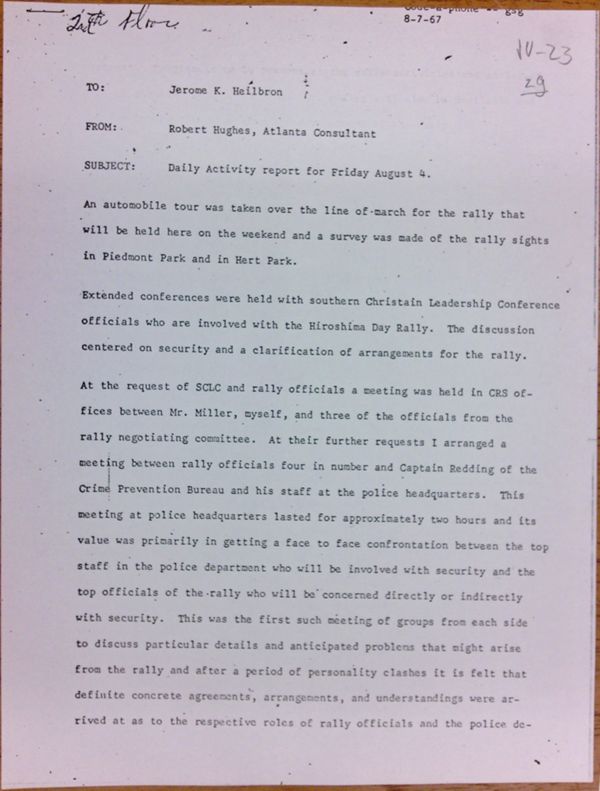 First page of Daily report memo from Robert Hughes to Jerome Heilbron (August 4)