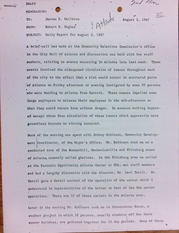 First page of Daily report memo from Robert Hughes to Jerome Heilbron (August 2)