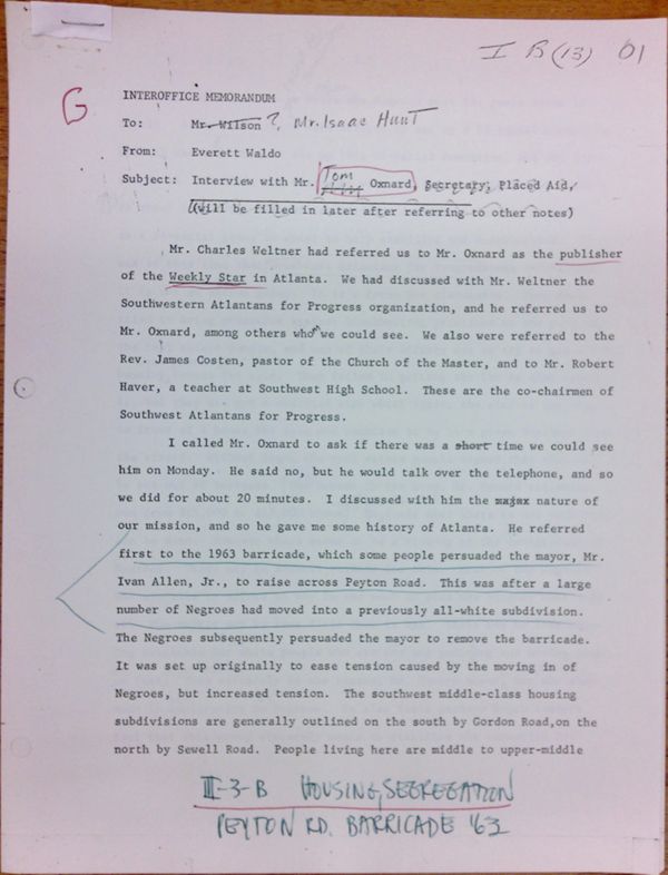 First page of Memo to Isaac Hunt from Everett Waldo regarding an interview with Tom Oxnard - with handwritten notes