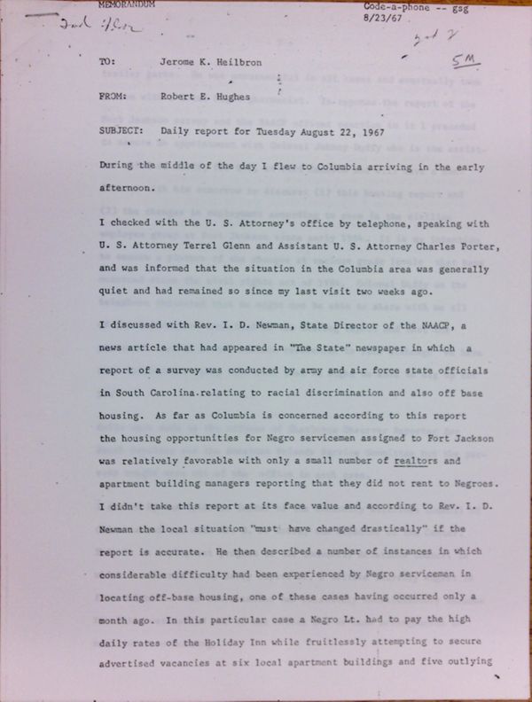 First page of Daily report memo from Robert Hughes to Jerome Heilbron (August 22)