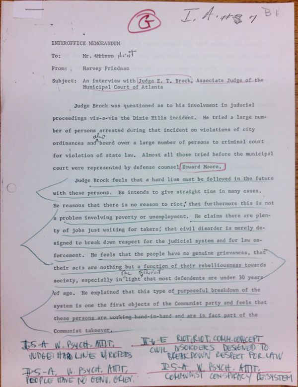 First page of Memo to Isaac Hunt from Harvey Friedman regarding an interview with Judge E.T. Brock - with handwritten notes