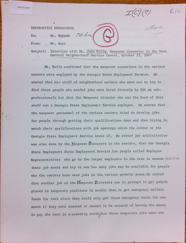 First page of Memo to Mr. Nelson from Isaac Hunt regarding an interview with John Rolle - with handwritten notes