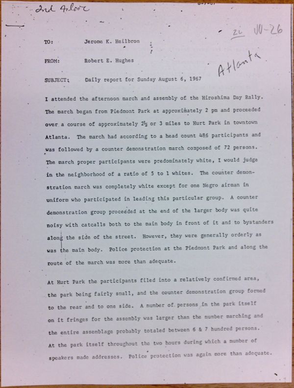 First page of Daily report memo from Robert Hughes to Jerome Heilbron (August 6)