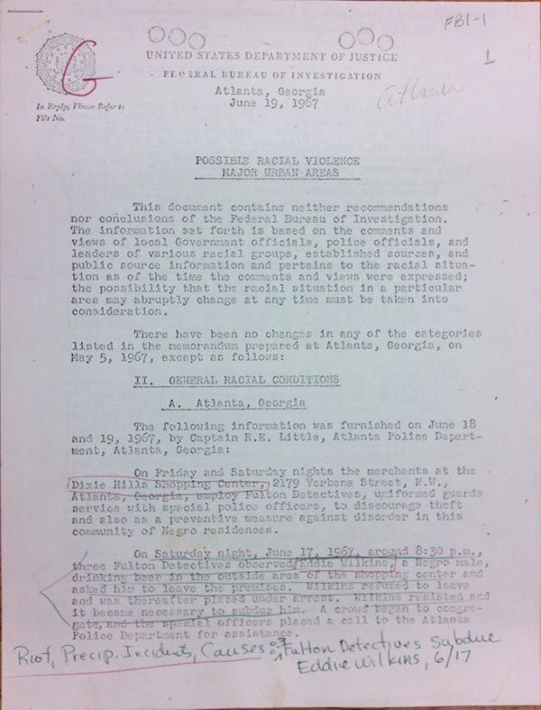 First page of FBI Report: Possible Racial Violence in Major Urban Areas (June 19) - with handwritten notes