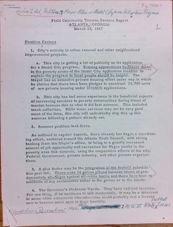 First page of Field Community Tension Factors Report Atlanta, Georgia (March 15) - with handwritten notes
