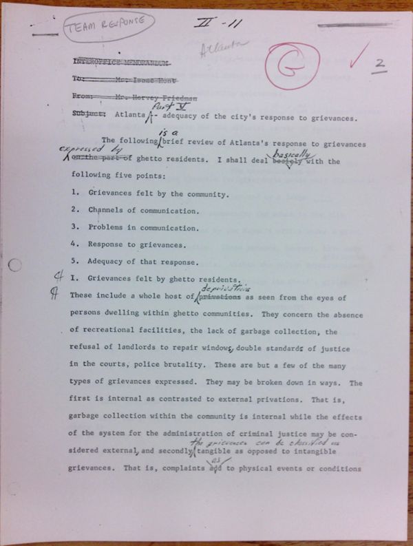 First page of Section V of Team Evaluation memorandum: Team response to grievances - with edits