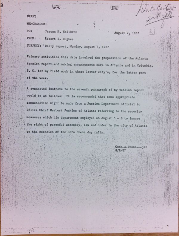 First page of Daily report memo from Robert Hughes to Jerome Heilbron (August 7)