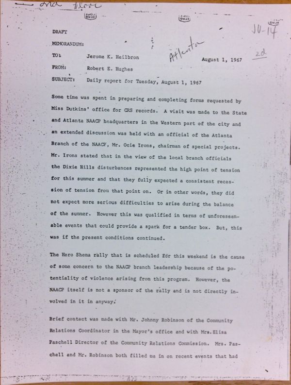 First page of Daily report memo from Robert Hughes to Jerome Heilbron (August 1)