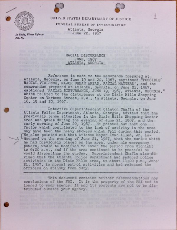 First page of FBI Report: Racial Disturbance June, 1967 Atlanta, Georgia (June 22)