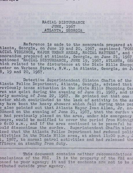 FBI Report: Racial Disturbance June, 1967 Atlanta, Georgia (June 22)