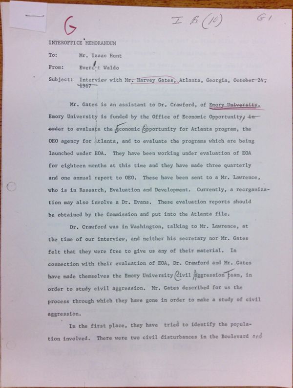 First page of Memo to Isaac Hunt from Everett Waldo regarding an interview with Harvey Gates - with handwritten notes