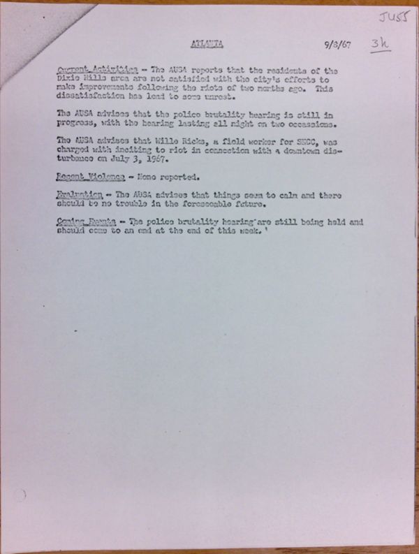 First page of Atlanta report of activities (September 8)