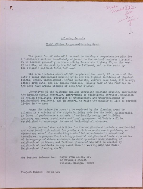 First page of Model Cities Program planning grant application with handwritten notes