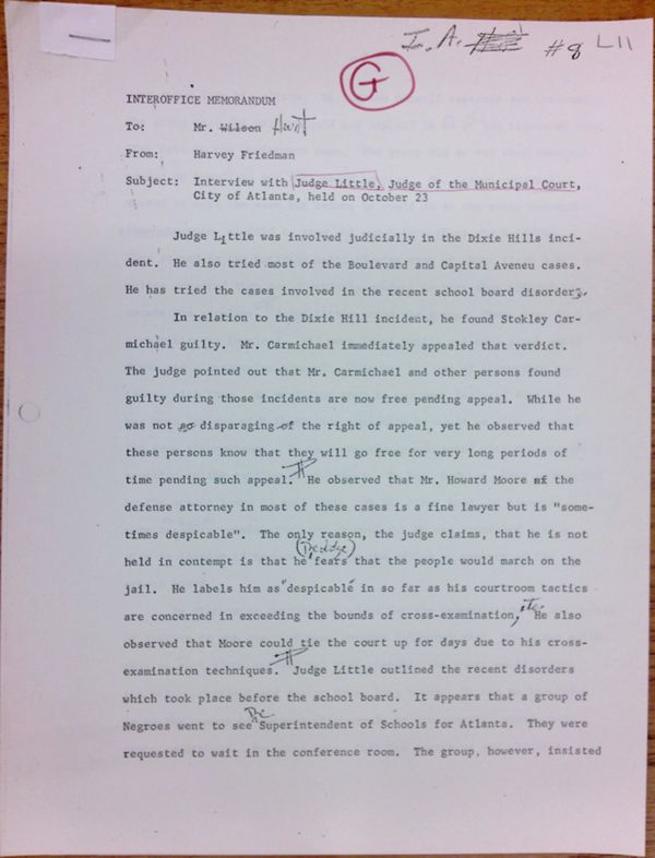 First page of Memo to Isaac Hunt from Harvey Friedman regarding an interview with Judge Little - with handwritten notes