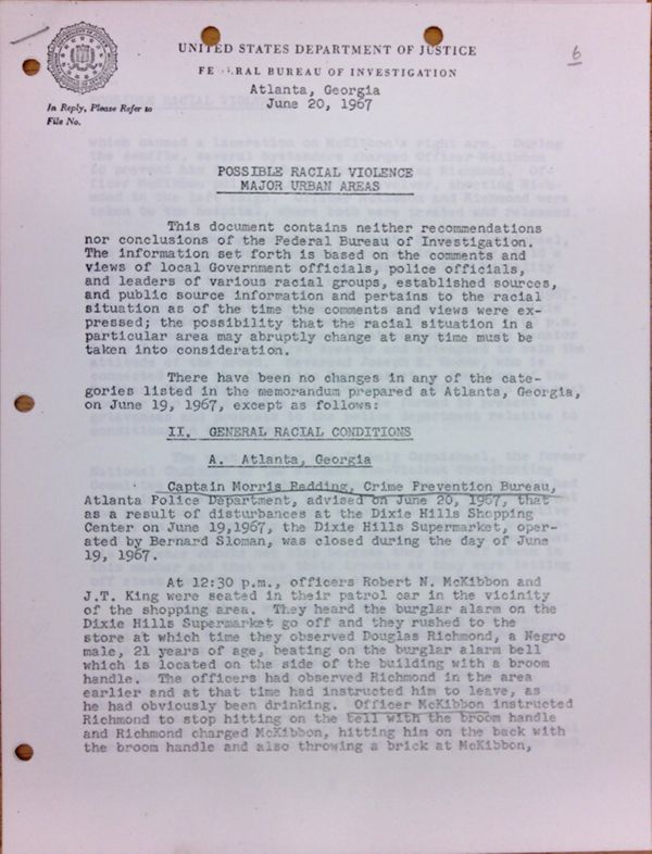 First page of FBI Report: Possible Racial Violence Major Urban Areas (June 20)