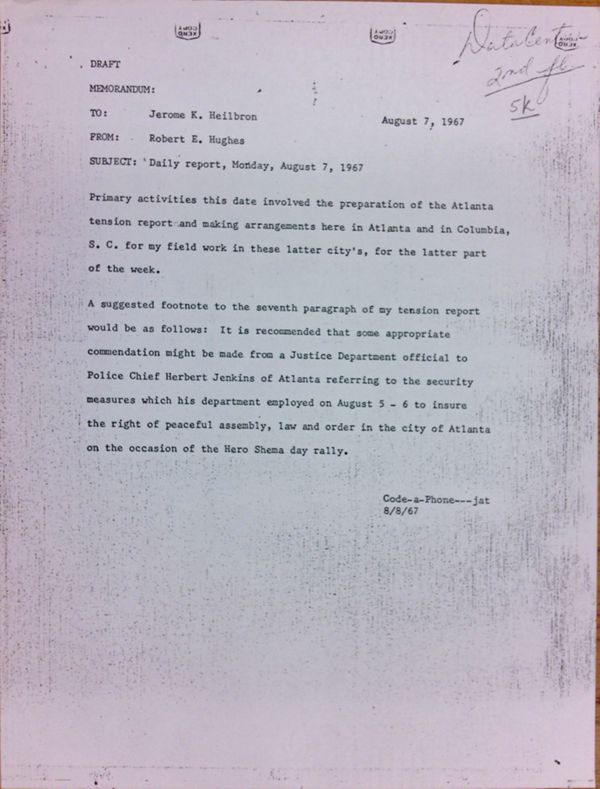 First page of Daily report memo from Robert Hughes to Jerome Heilbron (August 7)