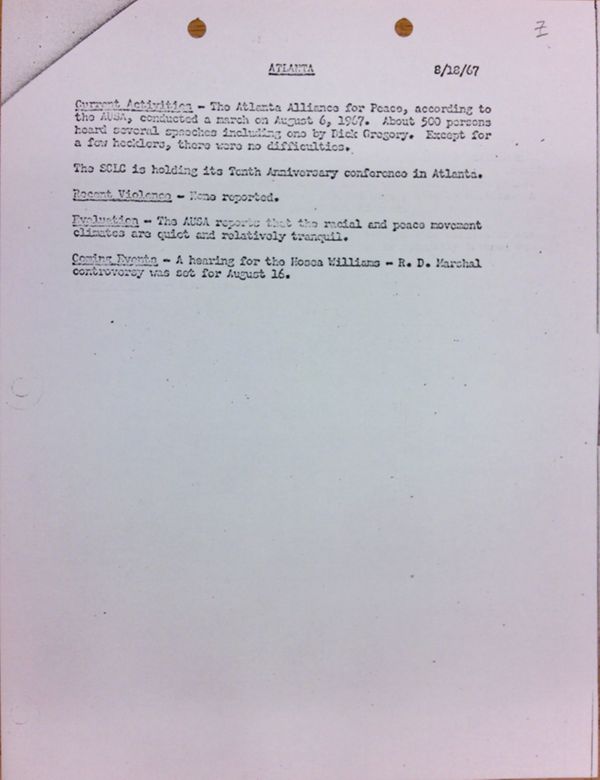 First page of Atlanta report of activities (August 18)